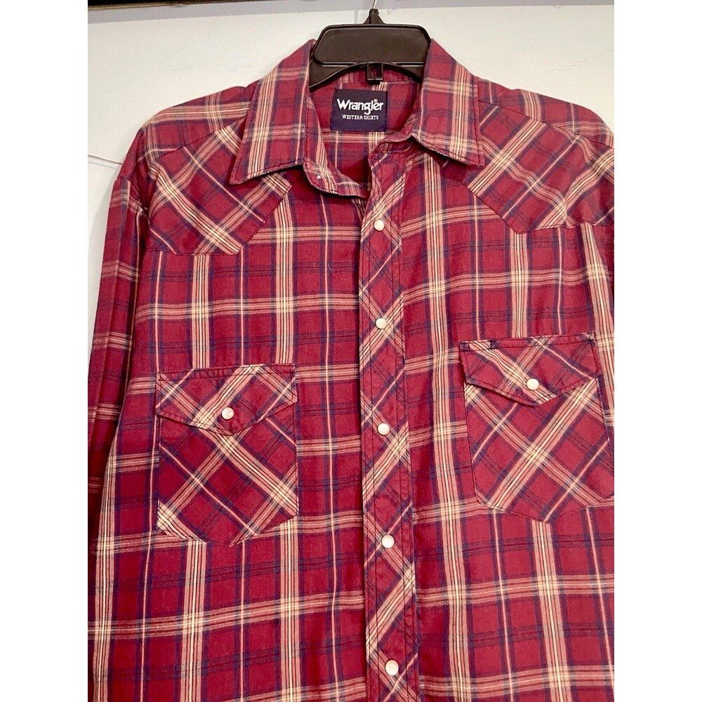 Wrangler Mens XL Red Plaid Long Sleeve Western Shirt Pearl Snap Cowboy Rodeo